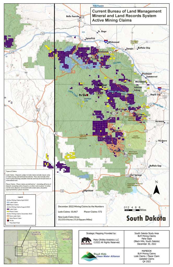 Map of active mining claims in the Black Hills, dated December 30, 2022. Credit: Black Hills Clean Water Alliance. Prepared by Mahto Ohitika Analytics, LLC