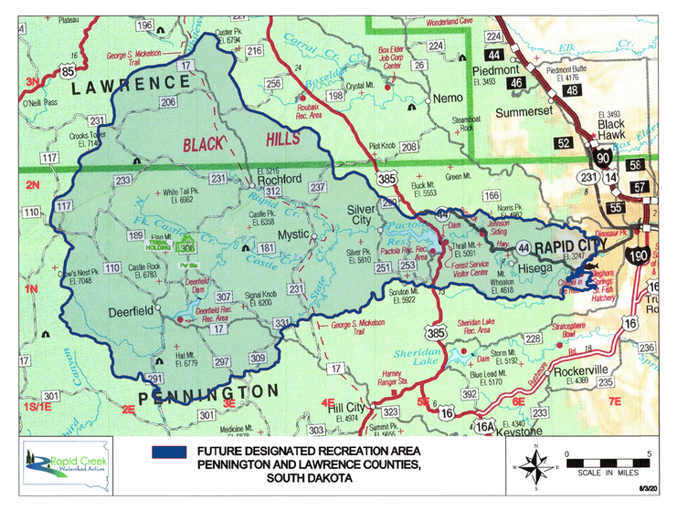 Map of the Central Black Hills of South Dakota with an outlined of the Rapid Creek Watershed, entitled "Future Designated Recreation Area Pennington and Lawrence Counties, South Dakota" with Rapid Creek Watershed Action logo